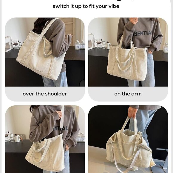 Beige Large Corduroy Tote Bag for Women - Versatile Travel & Work Companion - Picture 2 of 6